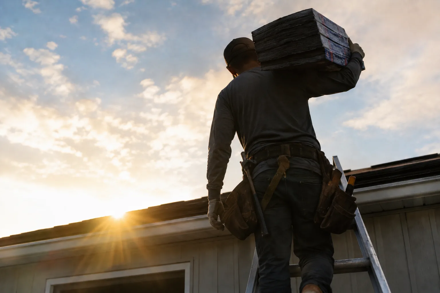 Backlit roofer carrying a bundle of shingles up a ladder to a roof