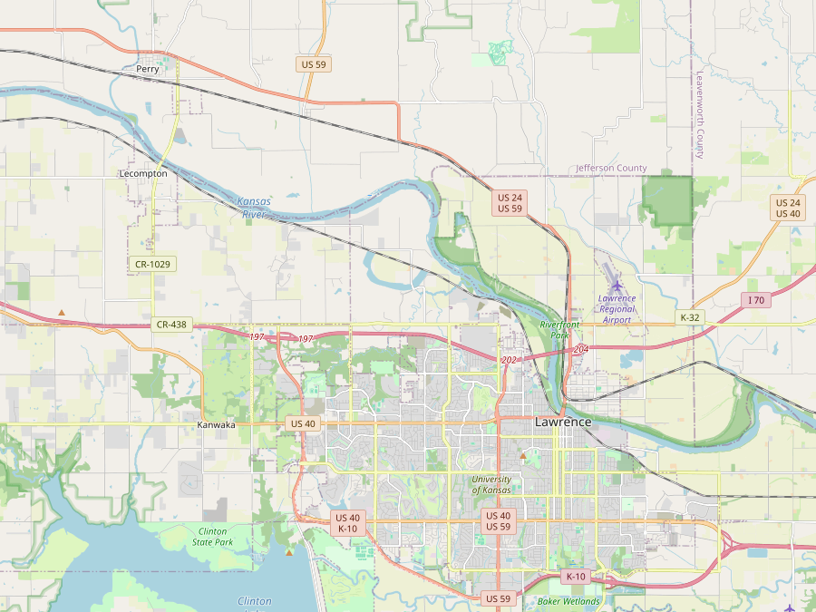 OpenStreetMap view of Lawrence, Kansas and nearby roads. No office pin or service boundary is shown.